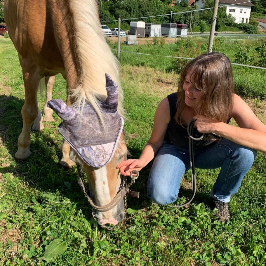 Frau kniet neben einem Pferd auf einer Wiese und streichelt es.